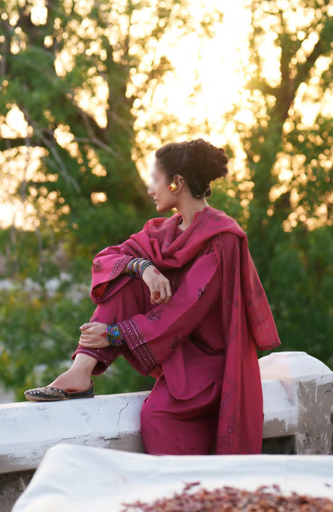 Casual Lite HER Summer Embroidered Cotton Lawn Stitched 3 Piece Suit - Veloura - CL26HER - Maroon - Festive Collection Main Image